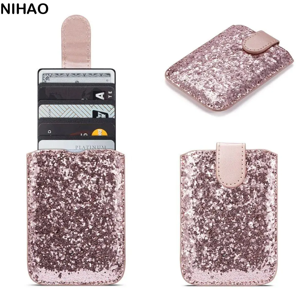 

Adhesive Sticker RFID Blocking Credit Card Holder 5 Cards Compact Sequins Card Sleeve Multi-color Glitter Bling
