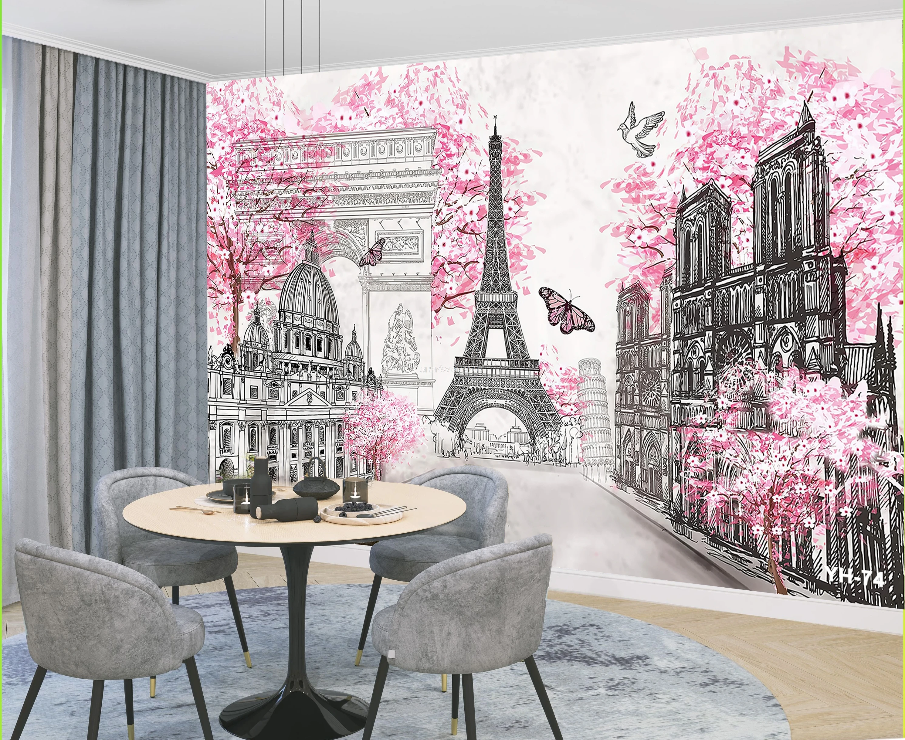 Perancis Paris Menara Eiffel Fotografi Latar Belakang Bunga Merah Muda Mawar Hitam Gadis Wanita Pesta Ulang Tahun Foto Studio Latar Belakang HG-01