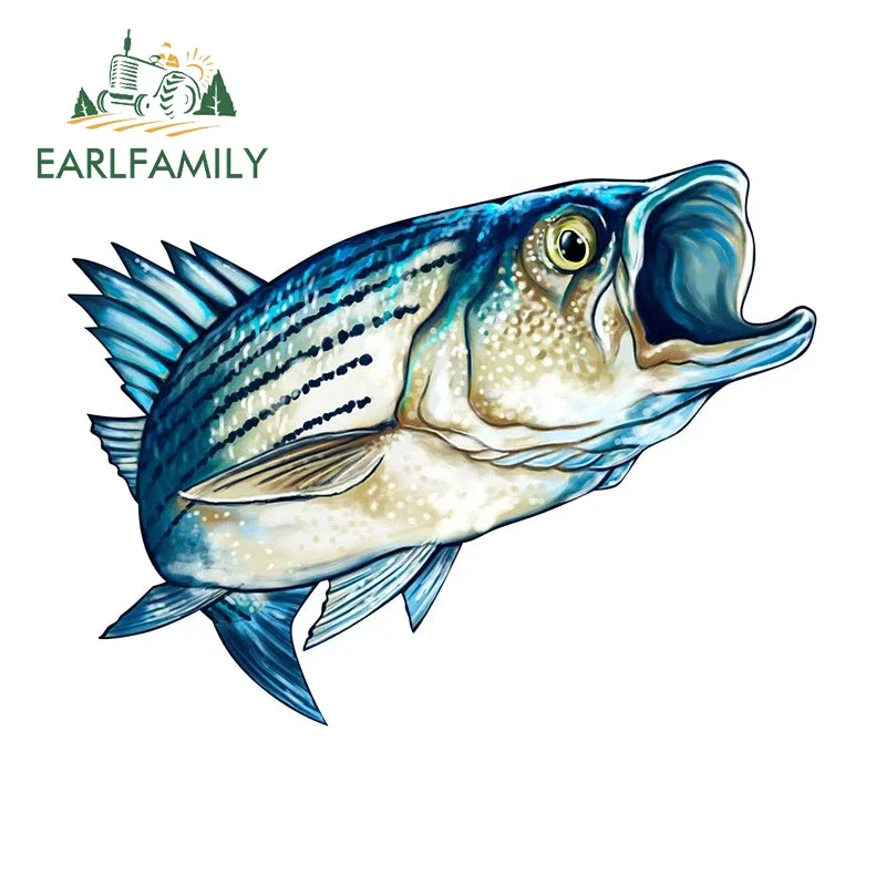 EARLFAMILY 13cm x 10cm Funny Striped Bass Car Sticker Outdoor Fishing Boat Kayak Toolbox Vinyl Decal 3D Sea Animal Stickers
