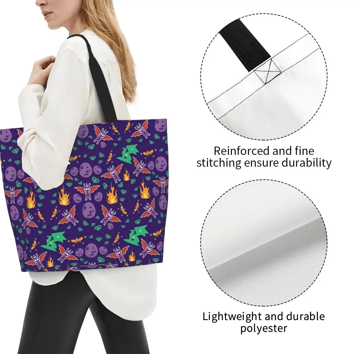 Spyro Pattern Shopping Tote Bag Canvas Large Capacity Shoulder Bags Shopper Grocery Handbag for Women