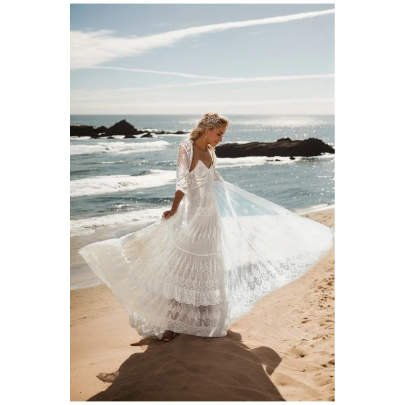 Boho Beach Lace Cover Up Transparent White Lace Tunic Women Beachwear Sexy Sheer Embroidered Maxi Gown