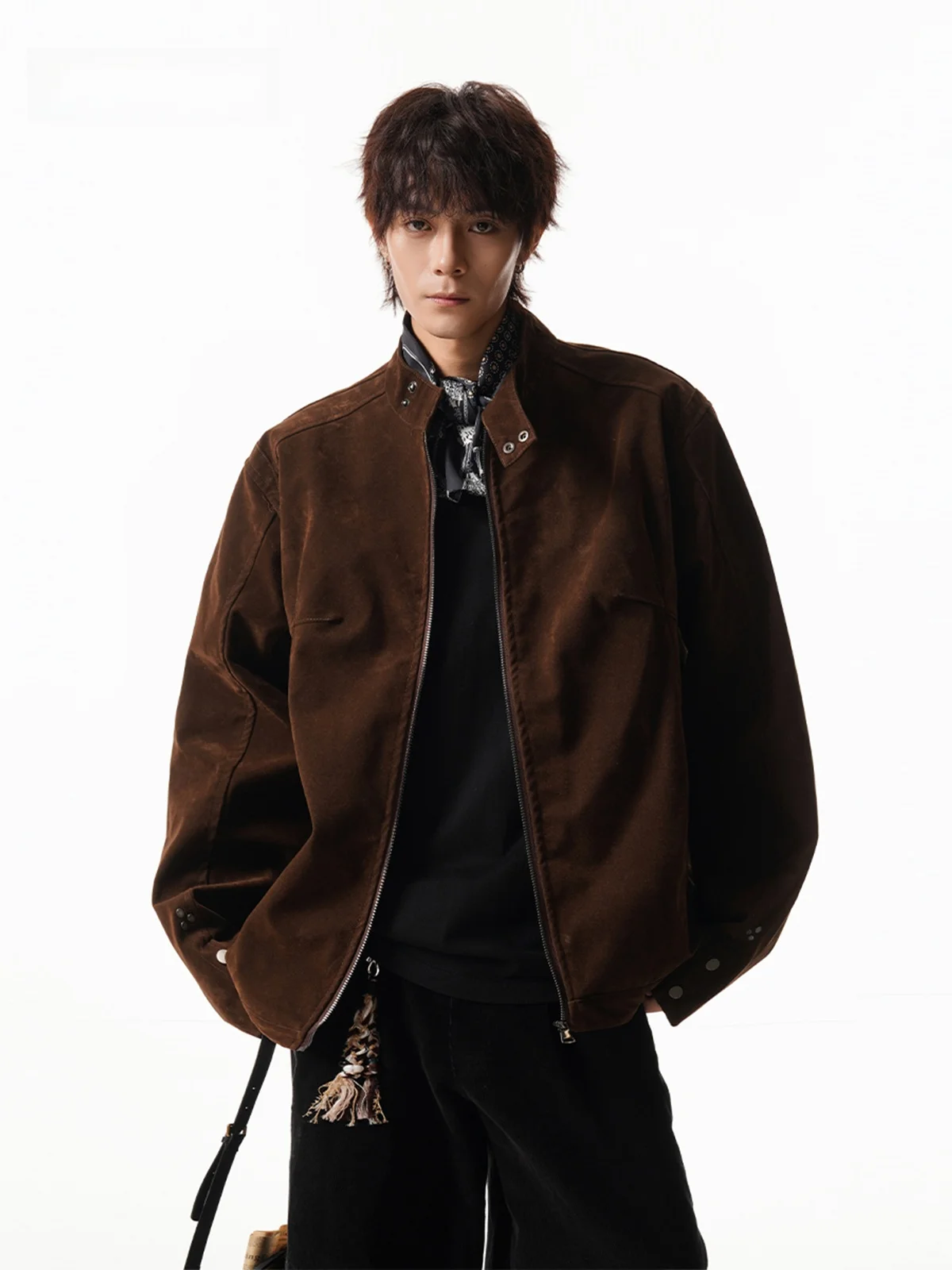 

Retro Suede Harrington Jaet Loose Fit Stand Collar Workwear Outerwear for Men And Women Autumn Trendy Brand Cleanfit