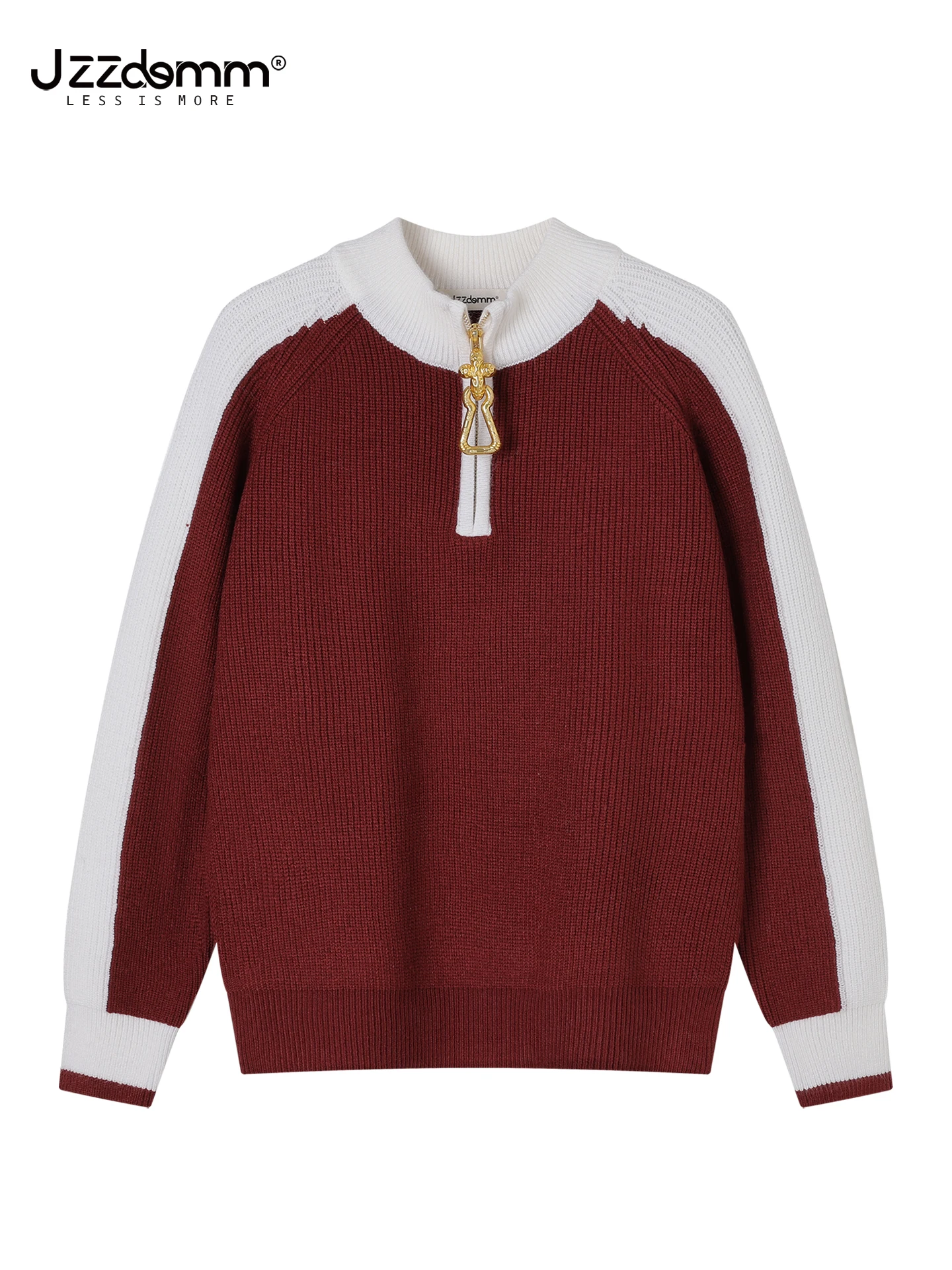 Jesienno-zimowy sweter damski z metalowym pół-zipem, w nowym stylu color-block, dzianinowy, z designerskim akcentem, uniwersalny sweter do noszenia na wierzch.