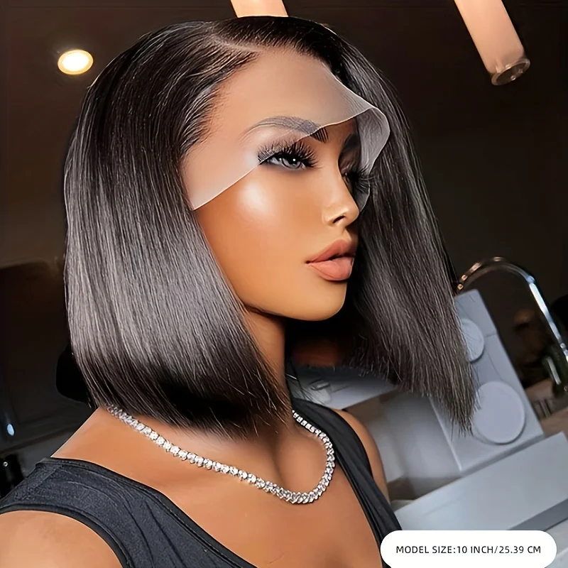 10-12inch natural black color 150% density daily party use wig 13×4 frontal lace human hair wig short straight bob remy hair wig