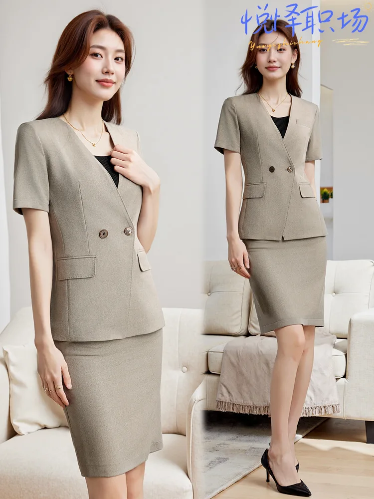 Gray short-sleeved blazer for women, new summer style beauty salon workwear, front desk reception professional attire suit