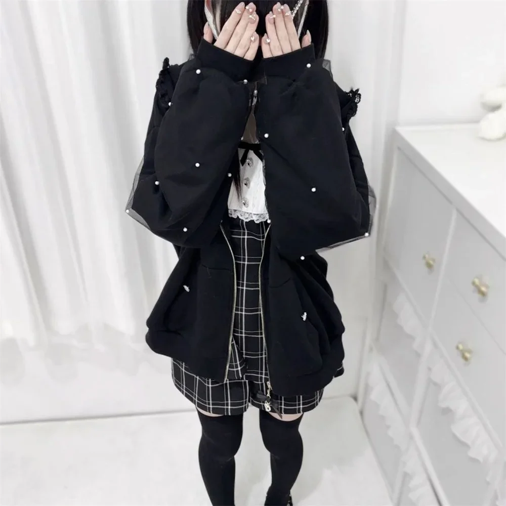 2025 Spring Sweet Cute Japanese Mine Loose Zipper Hoodie Coat Bunny Ears Hooded Lace-up Bow Pearl Decorative Long Sleeve