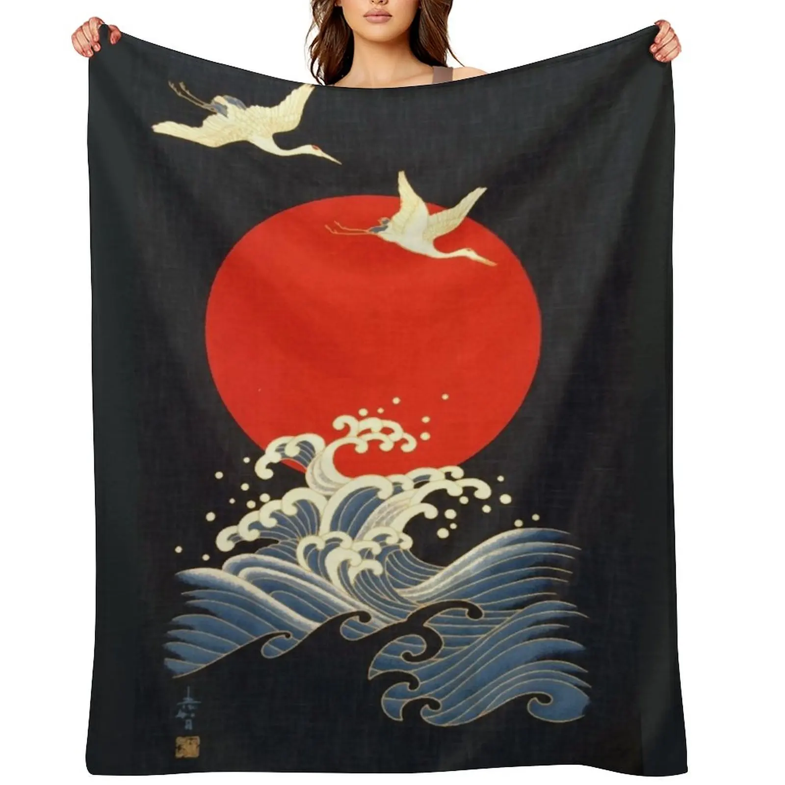 

RED SUN ,FLYING CRANES AND SEA WAVES IN BLACK Throw Blanket Sofa Flannel Thermals For Travel Single Blankets