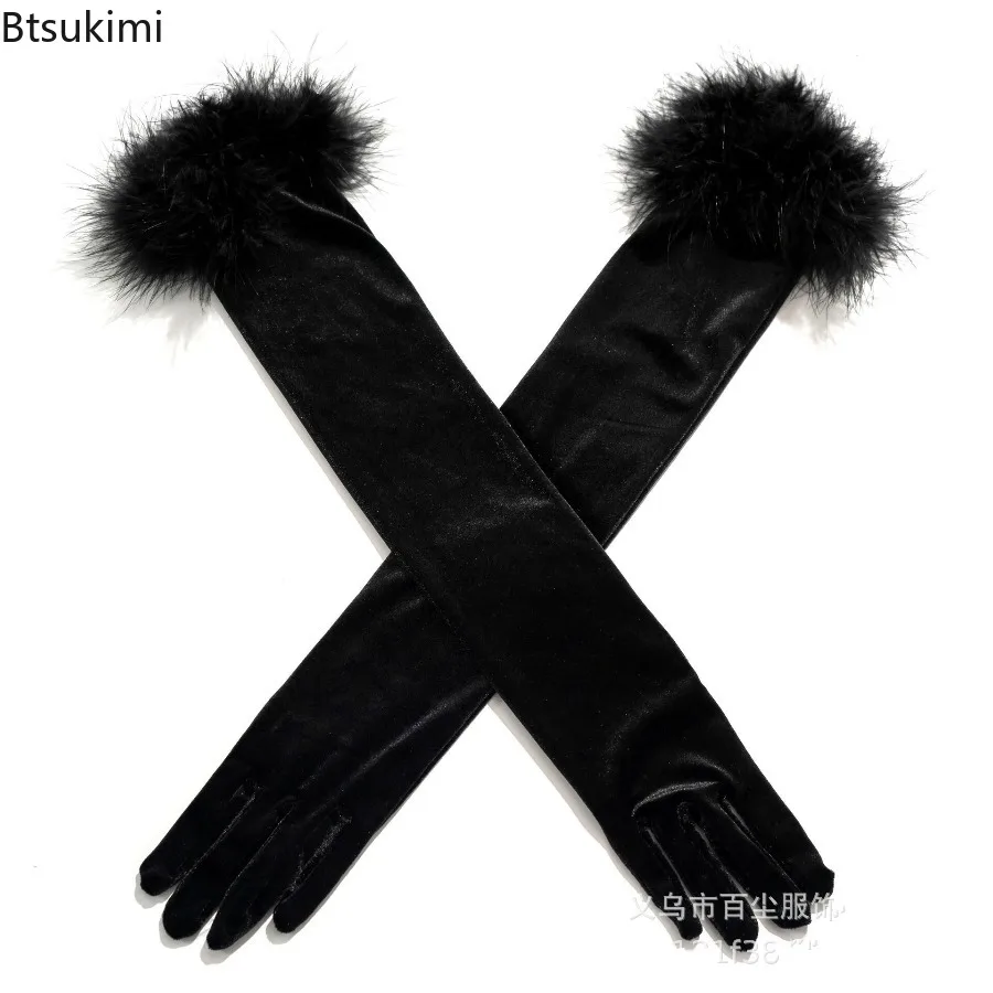 Women Feather Velvet Warm Long Gloves Elegant Etiquette Black Elasticity Retro Style Satin Glove Banquet Party Dress Accessories