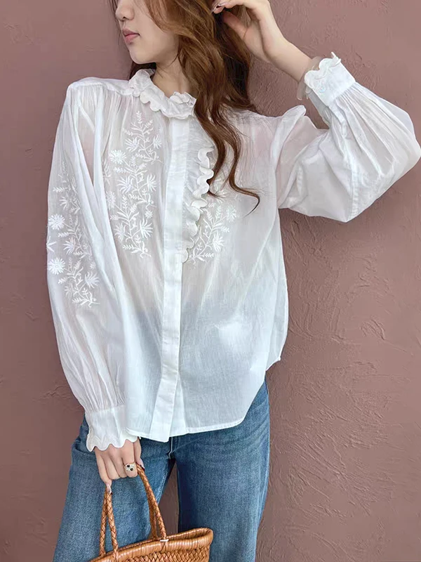 

Retro Artistic Style Women's Shirt Floral Embroidery Lace Collar Bubble Sleeve Cotton Long Sleeve Stand Collar Spring Summer