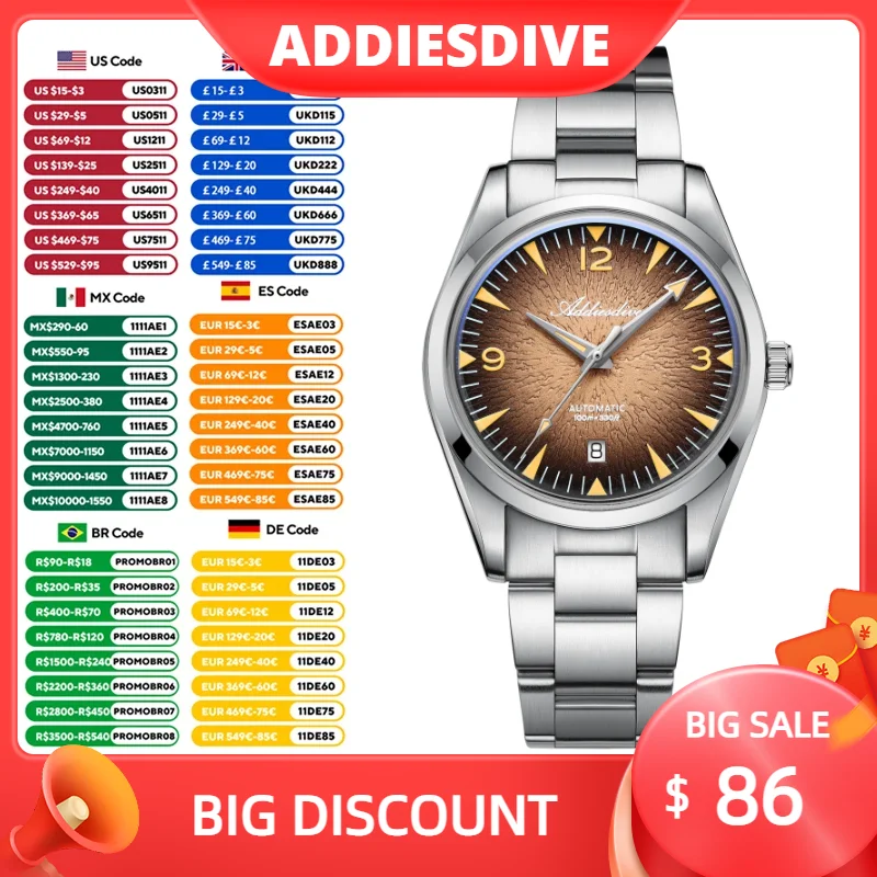 

ADDIESDIVE Luxury Men's Automatic Watch Simple Mechanical Waterproof Watches Stainless Stee Gradient Blue AD2508 NEW Wristwatch