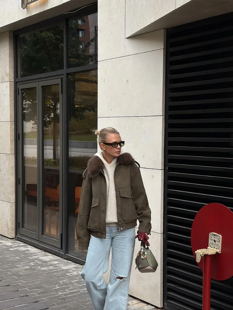 سترة نسائية عادية عتيقة بياقة من الفرو مرقعة مع طية صدر السترة وأكمام طويلة وجيوب وسحاب معطف 2026 ملابس خارجية للسيدات للتنقل اليومي #1