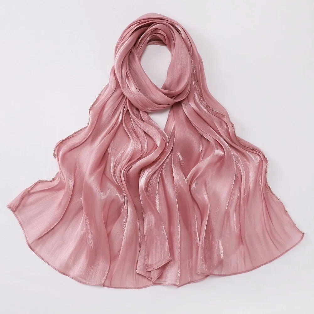 High Qulaity Solid Color Silk Scarf Shining Unilateral golden chain Chiffon Hijab Veil Long Chiffon Sunscreen shawl Outdoor