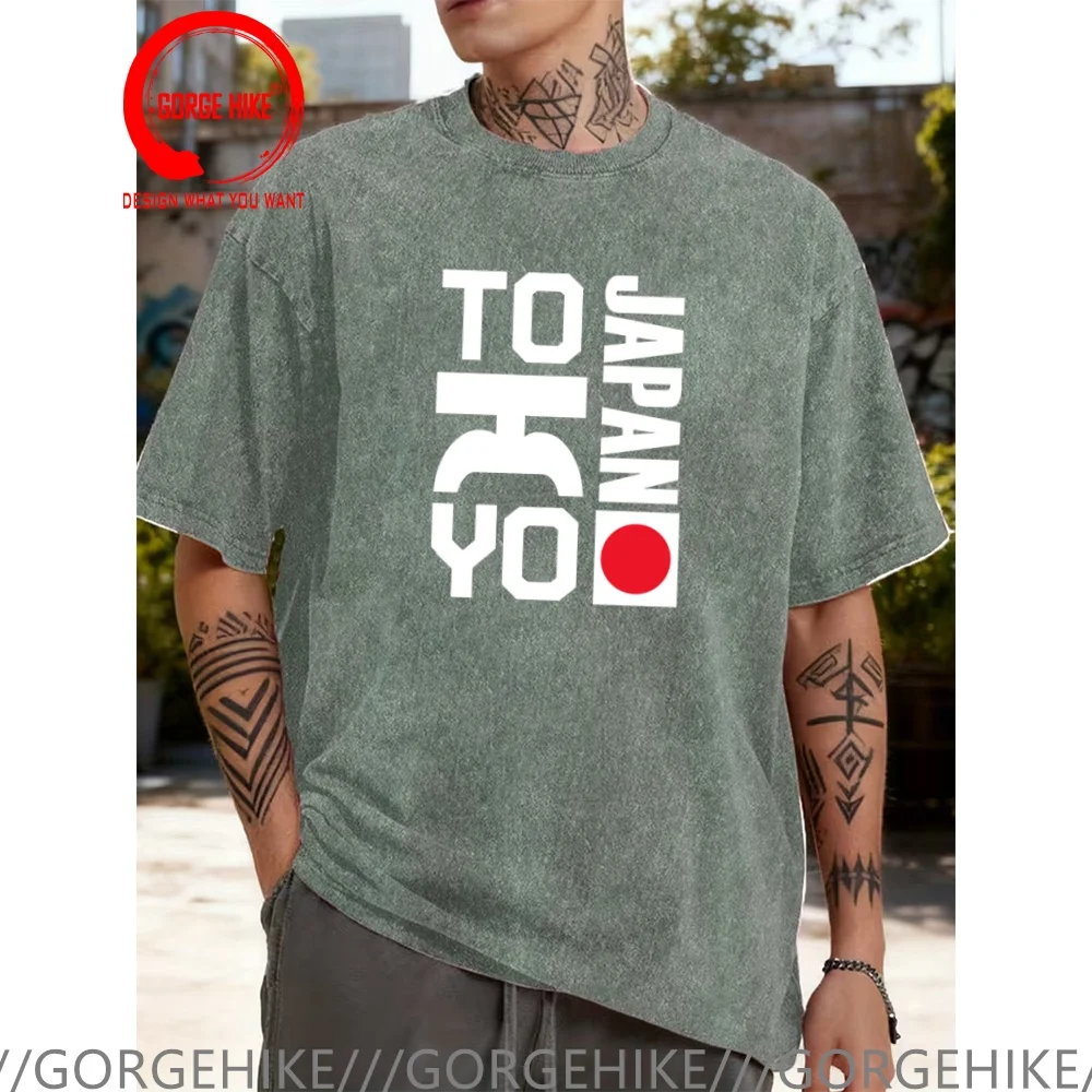 Vintage Washed Cotton T-Shirt Funny Designer JAPAN TOKYO  T Shirt Men Fashion Trendy Casual Clothing Stylish Tops Tees