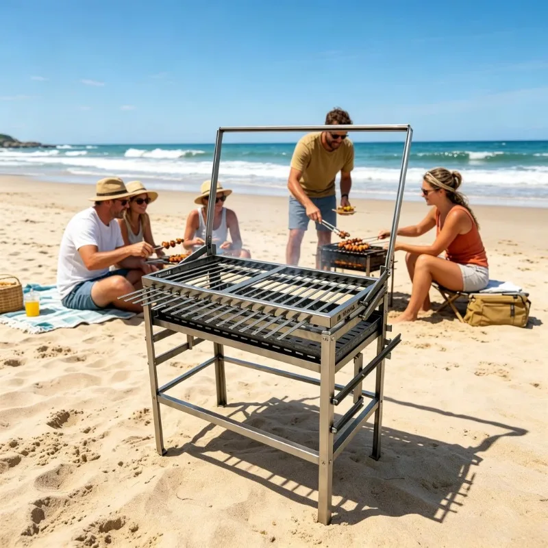 Flip charcoal grill, 304 stainless steel and full skewer set for outdoor adventure meals