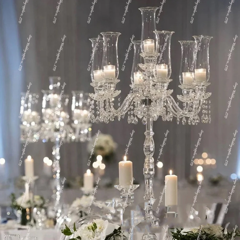 6pcs)Customized Wedding Table Centerpieces Modern Tall Clear Crystal Cylinder Candelabra 5 Arms for Event Party Decor