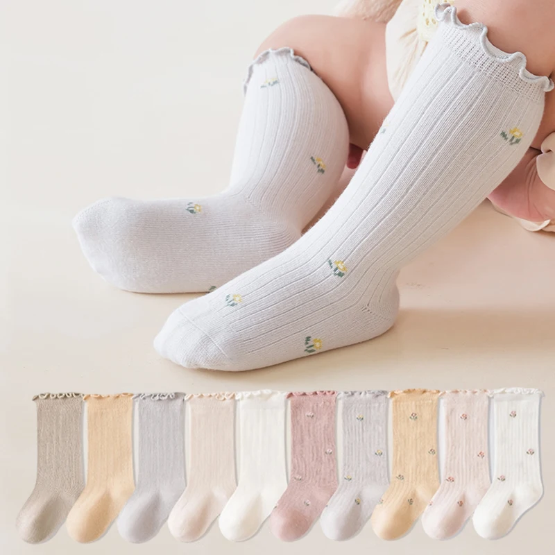 5 Pairs Toddelr Girls Socks Sweet Ruffled Frill Long Girls Socks Floral Print Solid Color Girls Socks for Baby Girls
