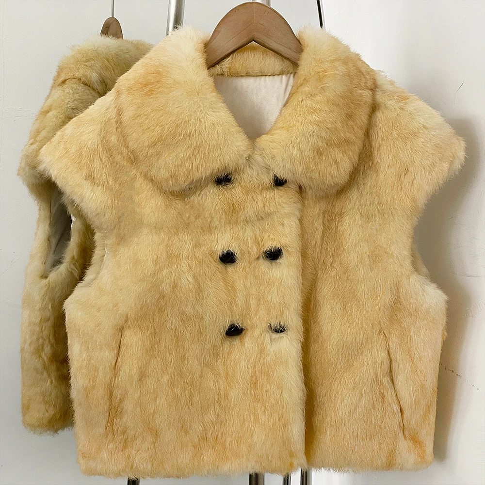 OFTBUY Women Natural Rabbit Fur Vest Winter Fall Fashion Girl Winter Fall Real Fur Coats Sleeveless Fur Relaxed Fit Cold Climate