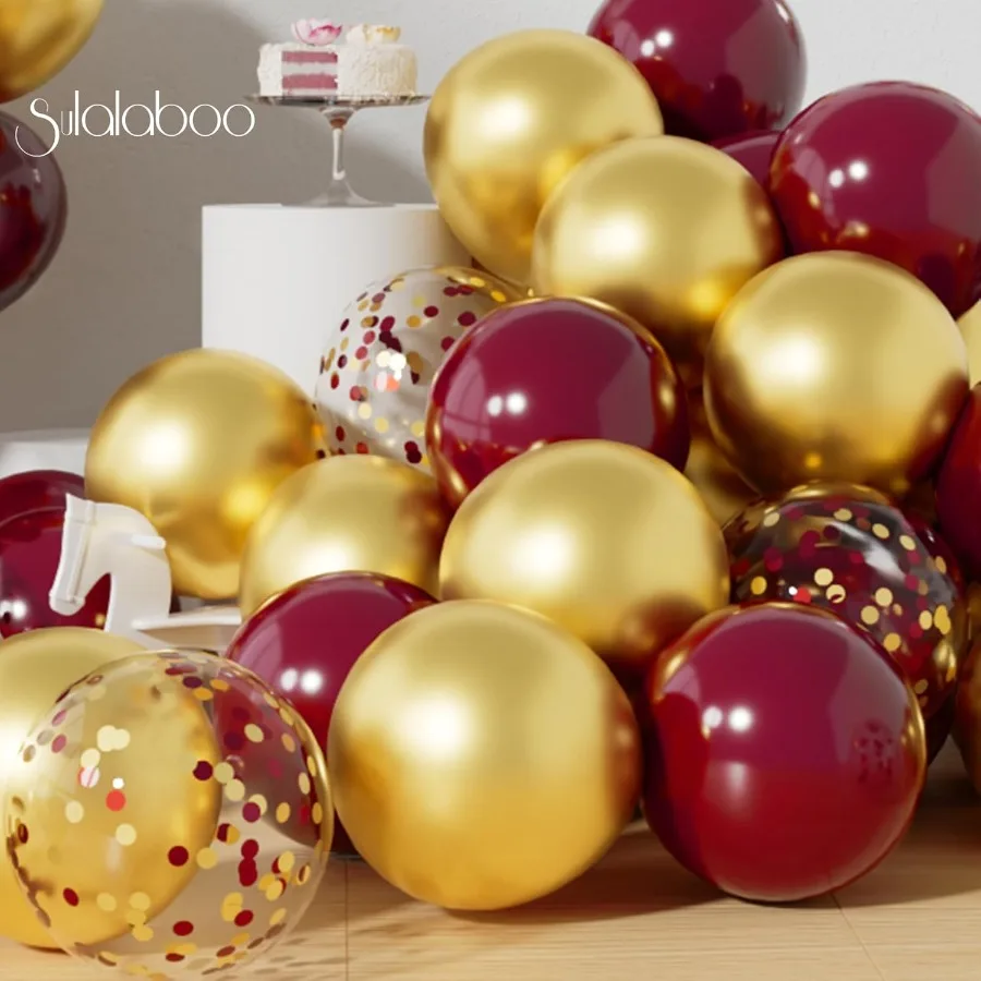 メタリックバーガンディとゴールドのバルーン12インチ73個ゴールドマルーンコンフェッティラテックスバルーン光沢のあるヘリウムバルーンセット誕生日パーティー用
