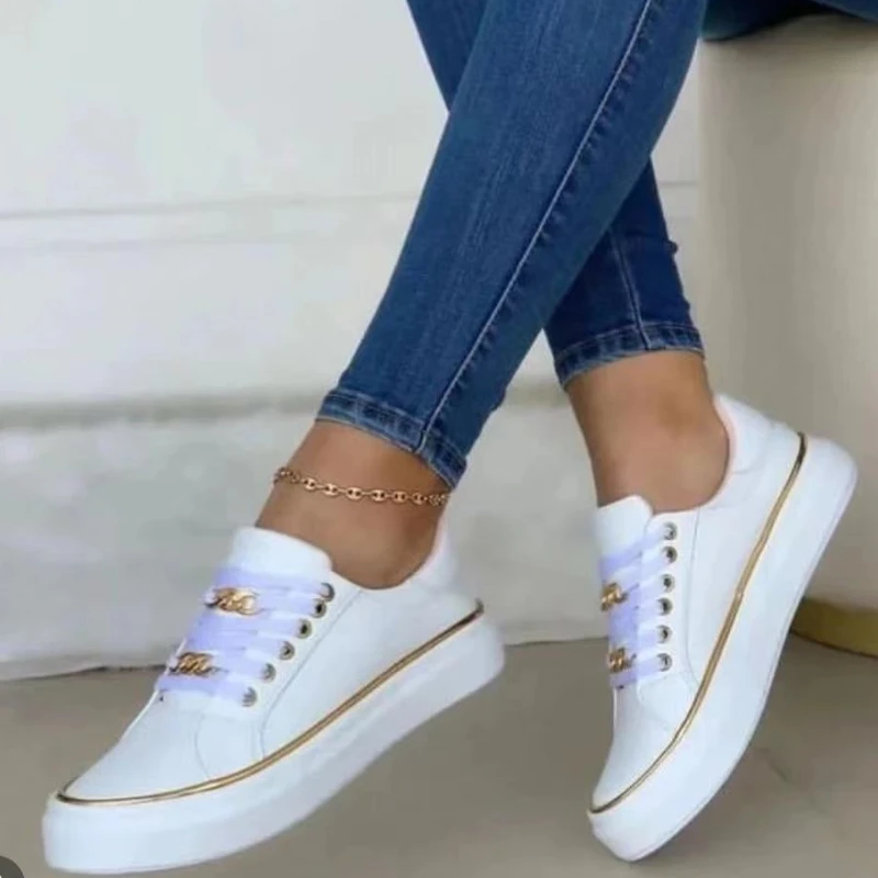 Low-top Shoes for Women Chain Lace Up Round Head Solid Color Platform Sneakers Plus Size Chunky Trainers Zapatos Para Mujer