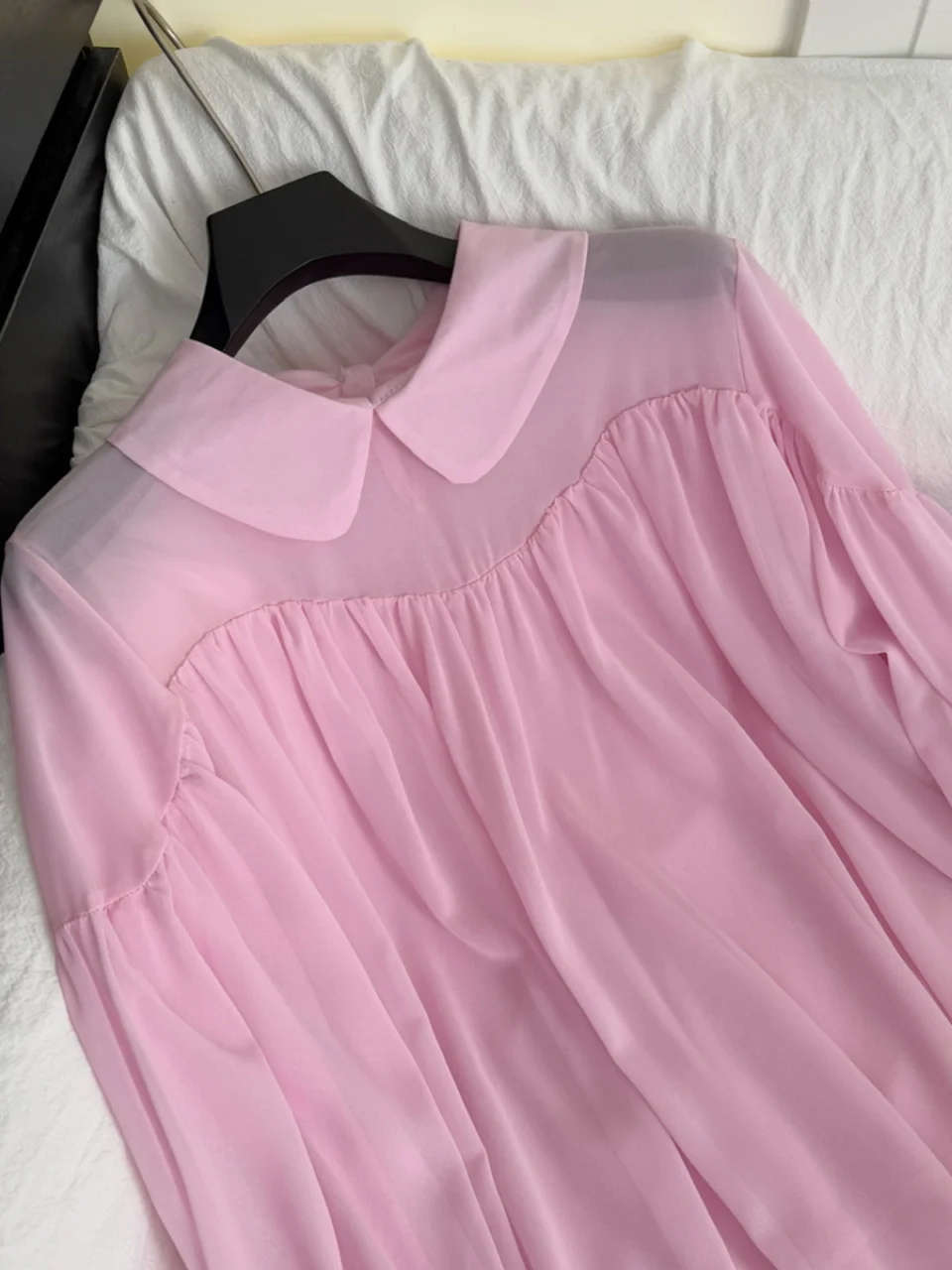 

Sweet Youthful Pink Doll Collar Flared Sve Chiffon irt Women Commute Casual Elegance Blouse Korean Sle Loose Fit