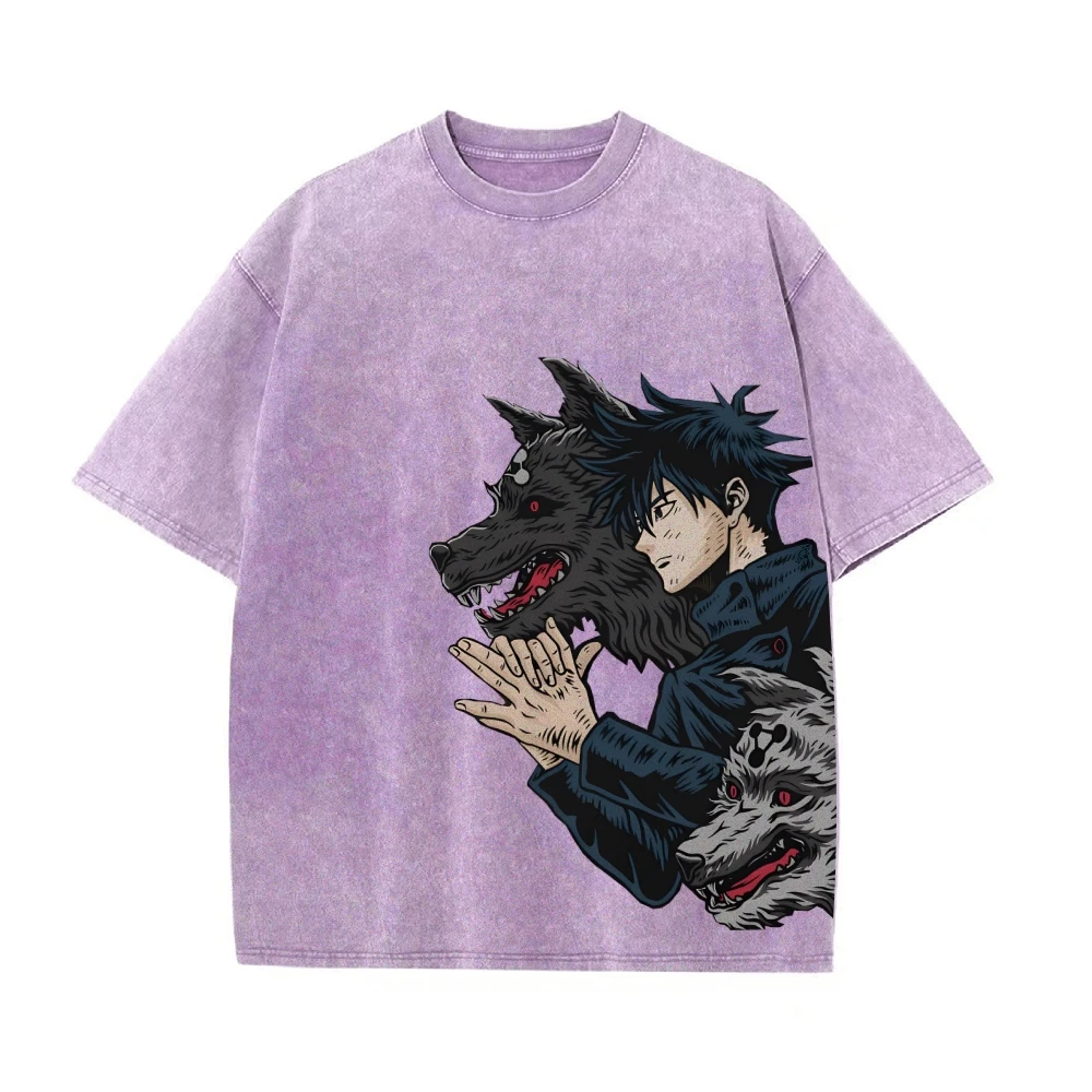 Japanse Anime-Stijl Jongens En Wolf Print Dames T-Shirt Unisex Losse Wash Denim Korte Mouw Vintage Harajuku Stijl Top Tees