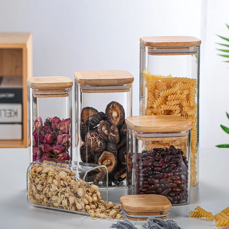 

Square Sealed Glass Bottles Jars New Tea Coffee Beans Transparent Storage Boxes Candy and Snack Tins with Bamboo Lid