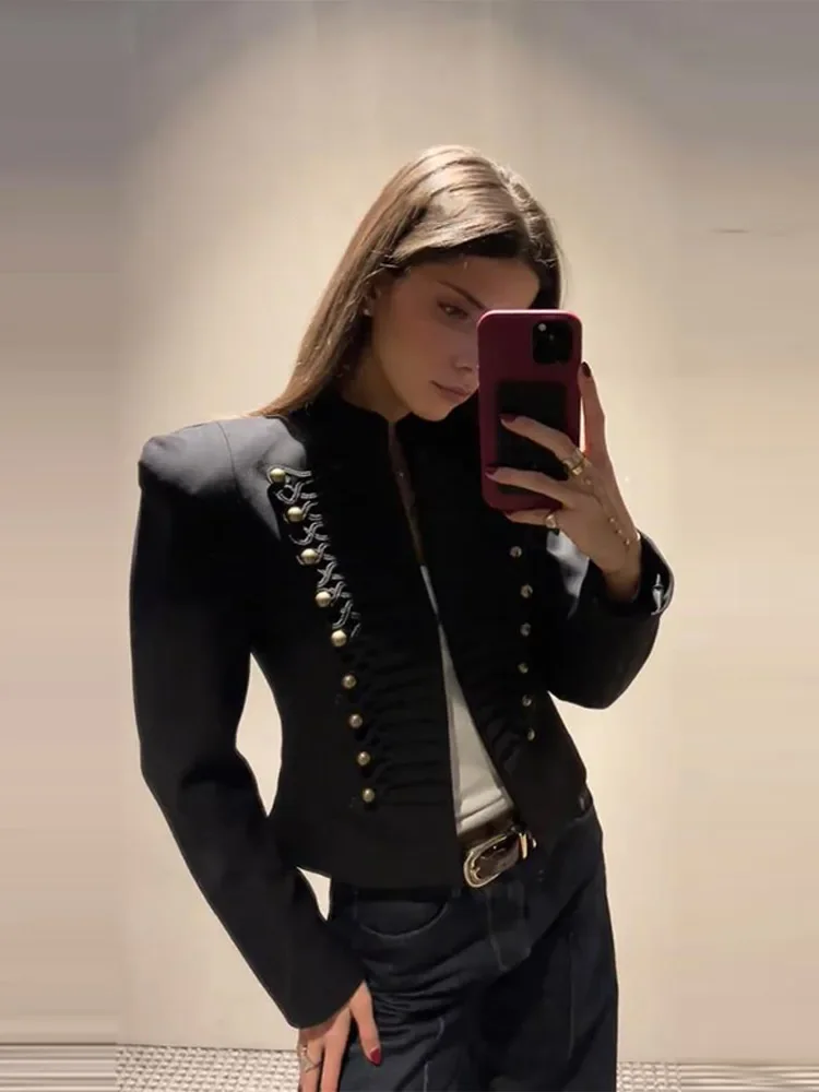 Frog Button Napoleon Short Jacket For Women 2026 Spring New Stand Collar Cropped Coats Fashion Long Sleeve Street Outerwear