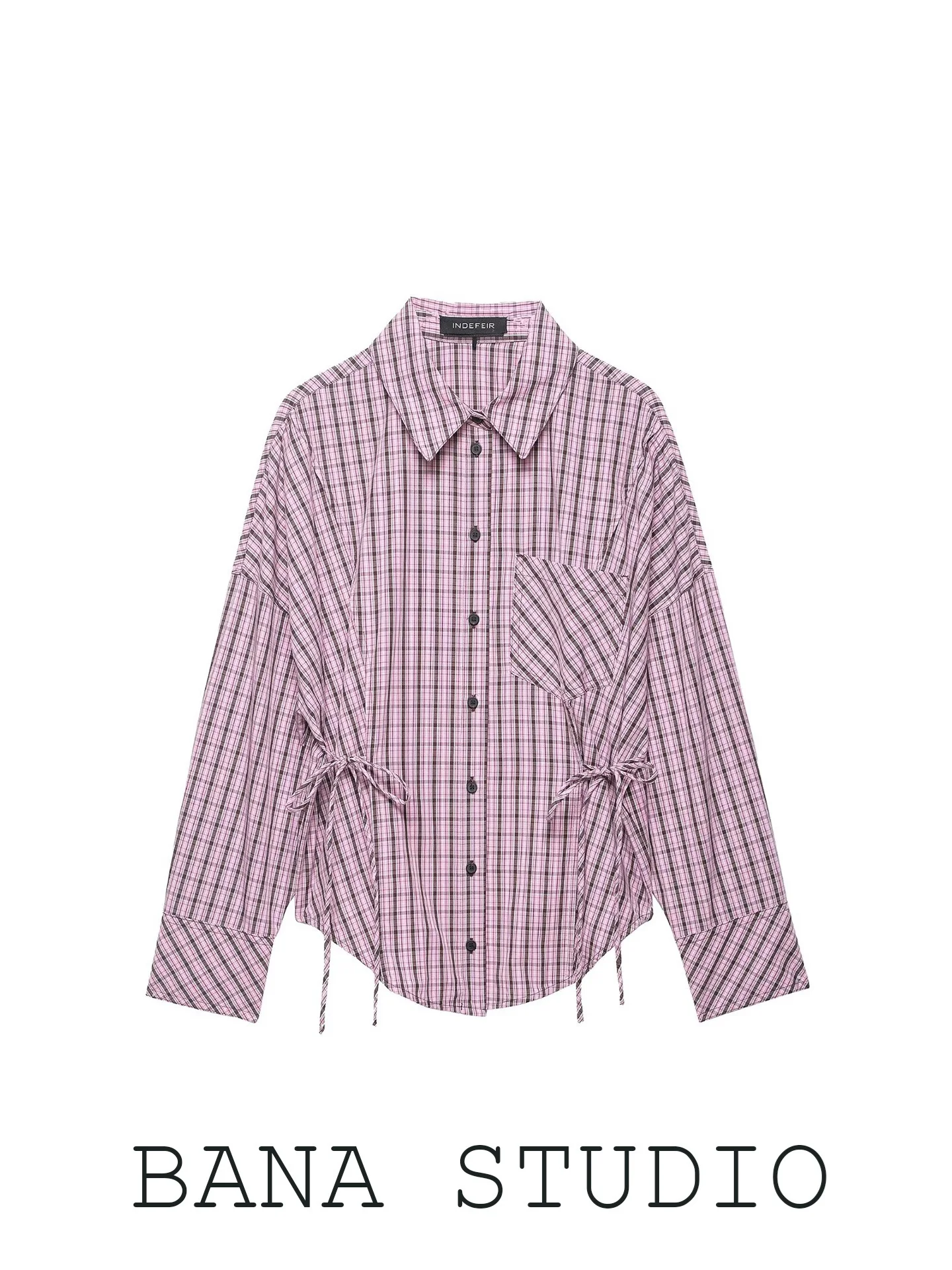 Pink Plaid Long Sleeve Waist-Cinching Women's Shirt 2026 New Style Simple Design Cotton Blend Spring Fashion Ladies Top