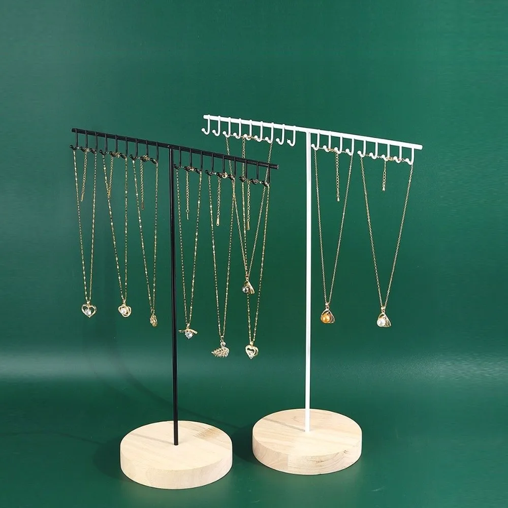 

T-shaped Necklace Storage Rack with Wood Base Space Saving Jewelry Organizers Stand Multipurpose Bracelet Holder