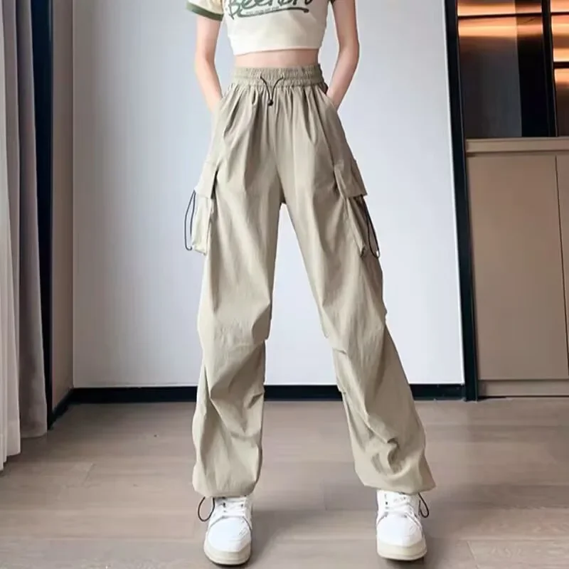 American Style Quick-dry Cargo Pants Women's Summer Thin High-waisted Loose-fit Drawstring Ankle Length Sporty Bell Bottoms