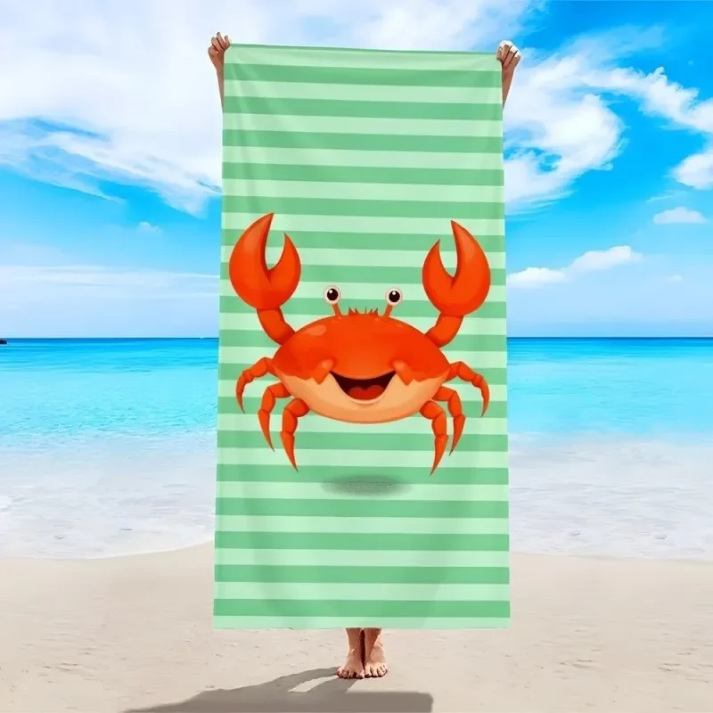 Cute Ocean Animal Beach Towel Large Red Crab on Green Stripes Microfiber Towel for Beach and Pool