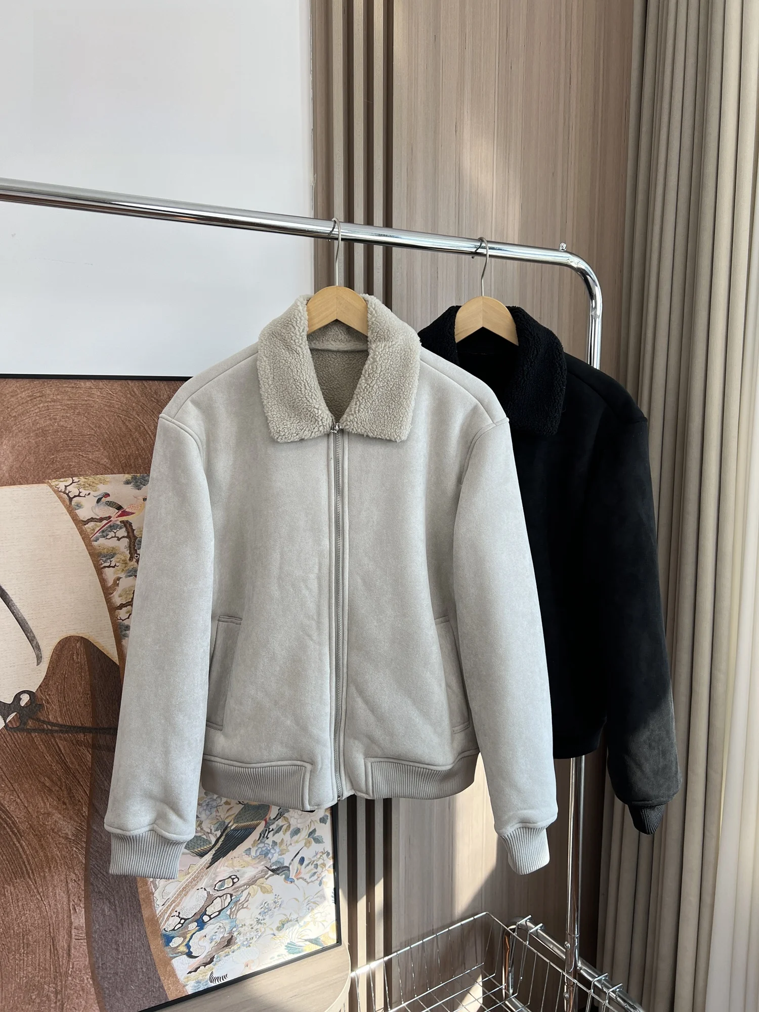 

Warm Fce Lined Loosely Fit Men's Jaet Autumn Winter Faion Urban Sle Stand Size Suede Velvet Collar up Zipper Coat