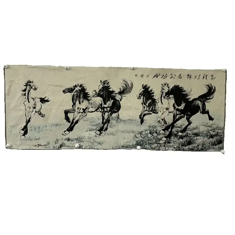 Chinese Old Color Brocade 'Eight Horses Diagram' Embroidery Artwork Landscape Painting - Decorative Home Decor Piece