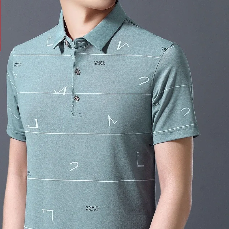 Business Casual Summer Turn-down Collar Men\'s T-shirt Printing Button Korean Trend Versatile Short Sleeve Loose Polo Shirt Tops