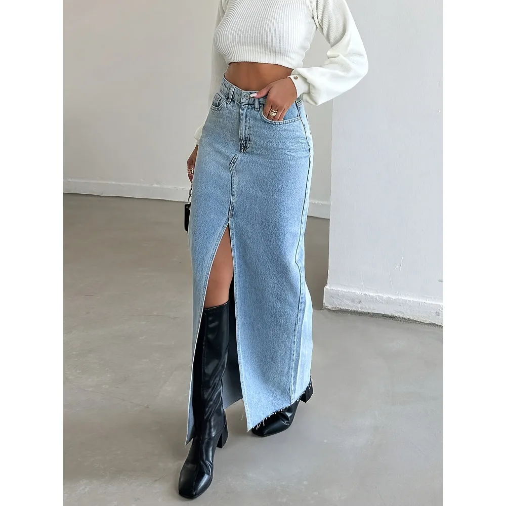 New Women's Trendy and Fashionable Denim Skirt with Slit Design, High Elasticity Hip Hugging Design, Elegant and Versatile Trend