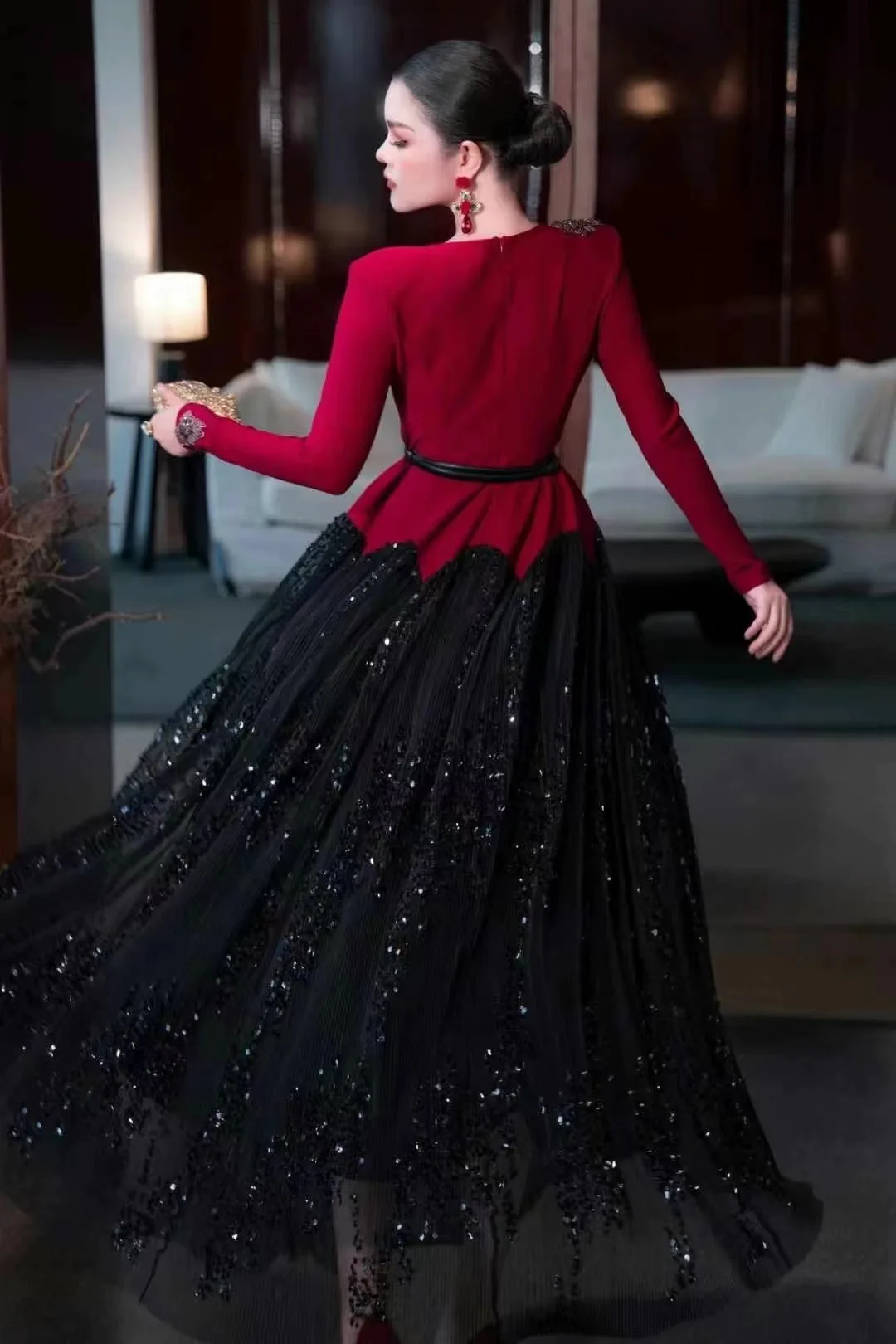 AELESEEN Elegant Long Party Dress Women Autumn Winter Full Sleeve Patchwork Beading Diamonds Flower Embroidery Belt Office Ladie