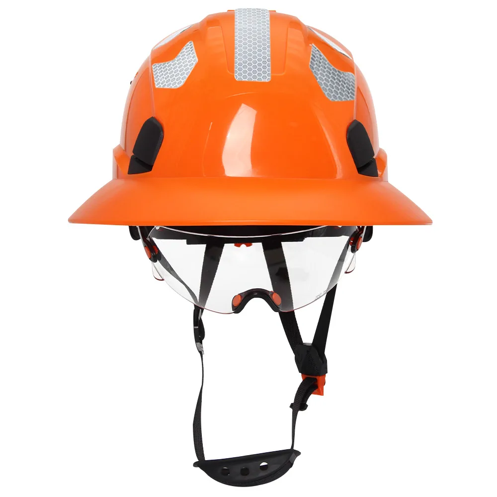 CE Full Brim Safety Hard Hat with Built-in Goggles Reflective Sticker Breathable Anti-Collision Construction Work Helmet