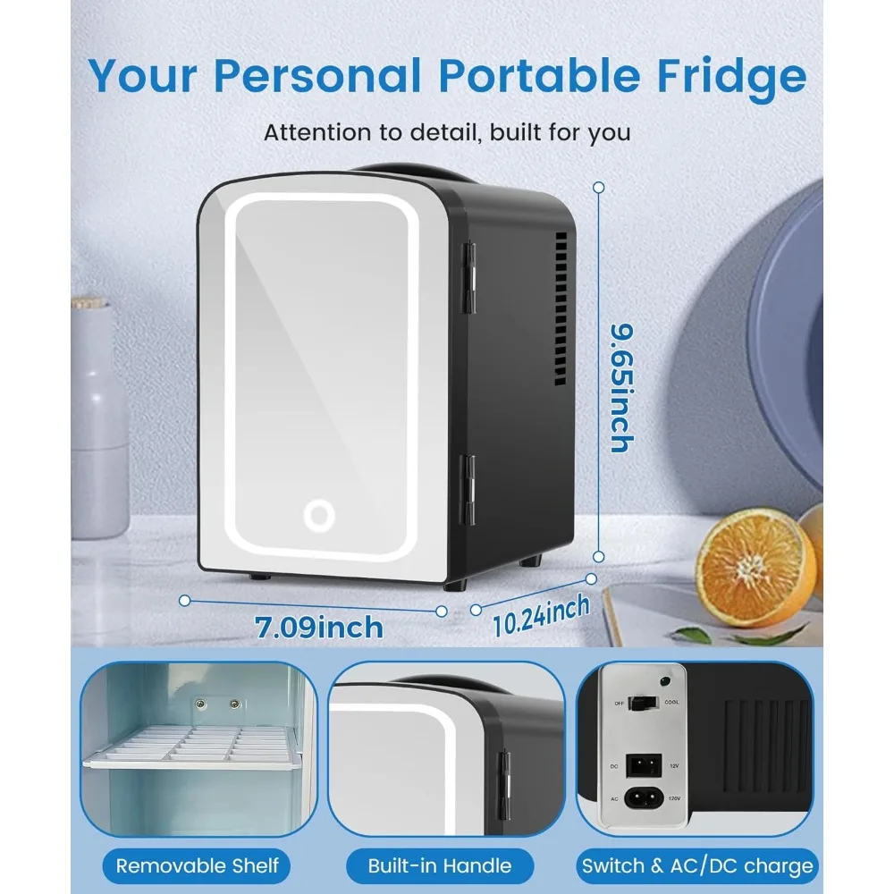 Skincare Fridge With Built-in LED Light Mirror, 4L Compact Mini Refrigerator AC/DC Portable