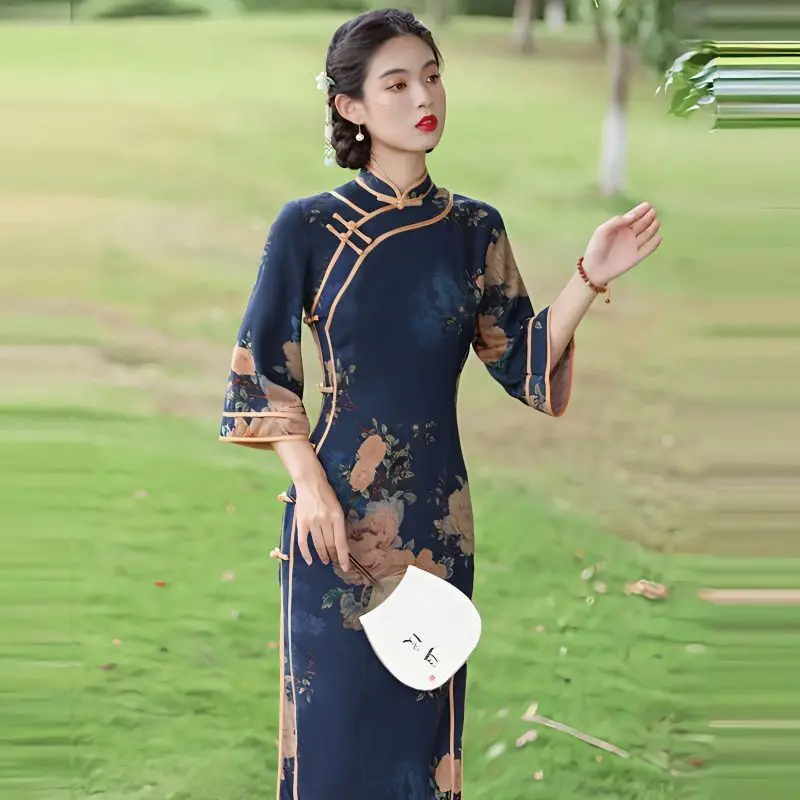 Qipao 2021, весенне-осеннее новое тонкое улучшенное платье Cheongsam в китайском стиле с винтажным принтом для женщин