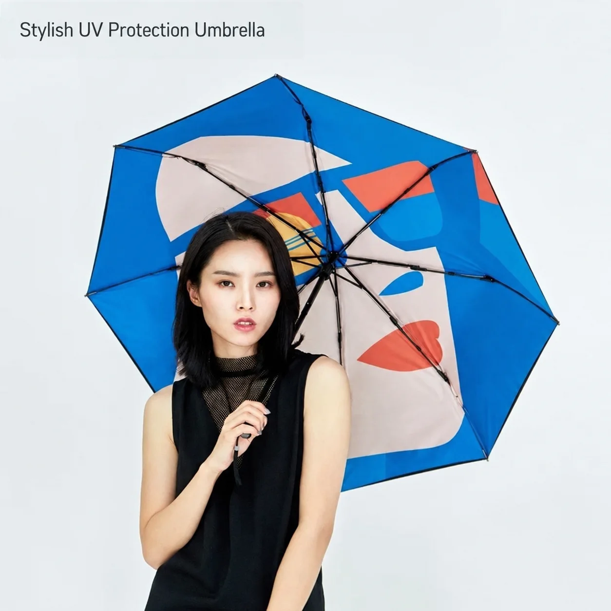 Three-fold Small Parasol Sun Protection and UV Protection Rain Umbrella Double-layered Canopy Black Vinyl Finish Modern Style