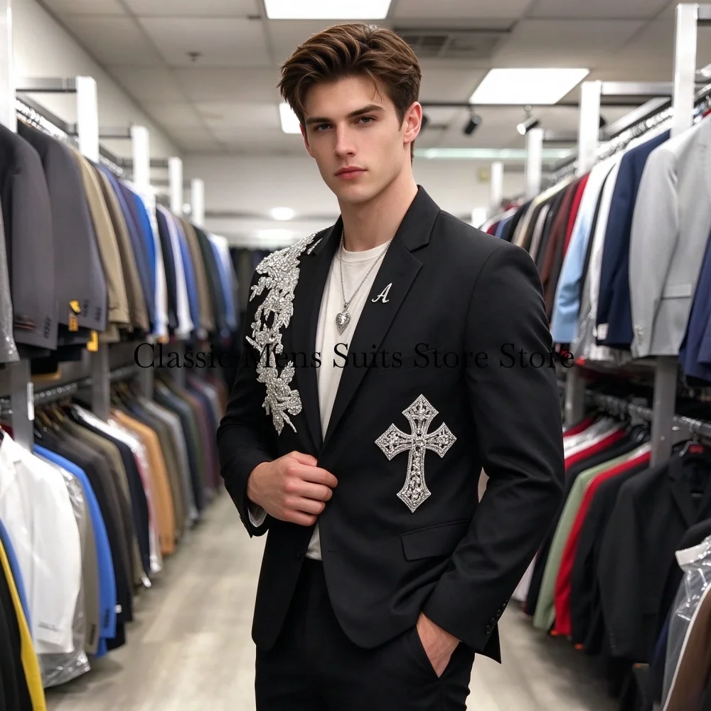 Elegant Diamond Men Suit Fashion Sequin Gem For Wedding Groom Male Prom Party Formal Blazer 2 Pieces Set Tuxedos Slim Customized