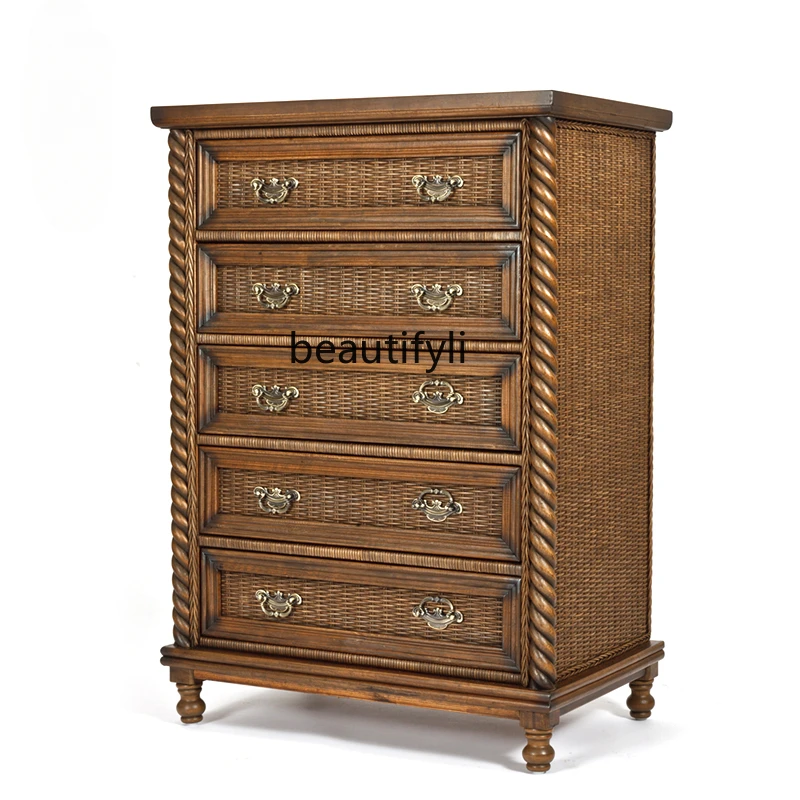 

Chest of Drawers Storage Cabinet Rattan Solid Wood Storage Cabinet Medieval Five-Bucket Cabinet