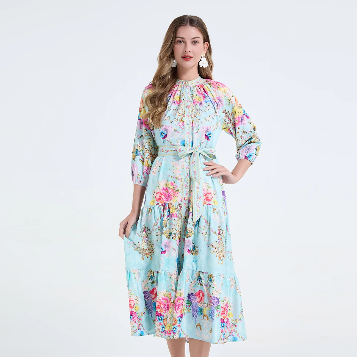 

2026 Spring Summer Gorgeous Flower Holiday Dress Women's Stand Collar Single Breasted Floral Print Belt Lace Up Beach Vestidos