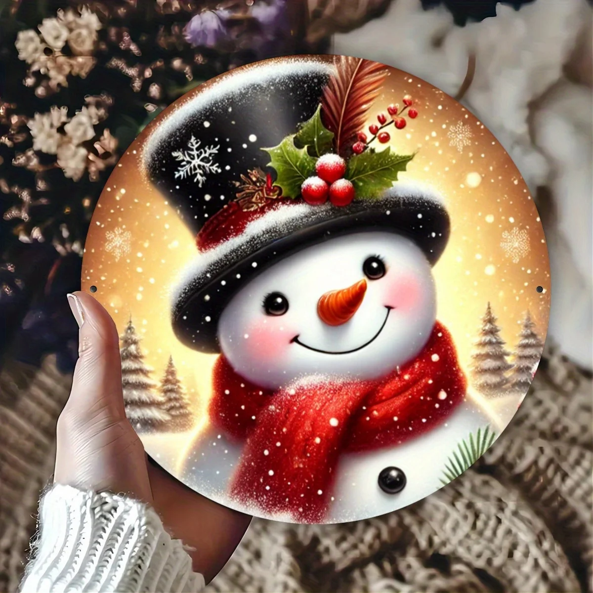 1 Stück rustikales Weihnachts-Schneemann-Kranzschild aus Eisen, Frohe Feiertage, Türmontage-Schild mit Zylinder und burgunderfarbenem Schal – Mehrzweck-De