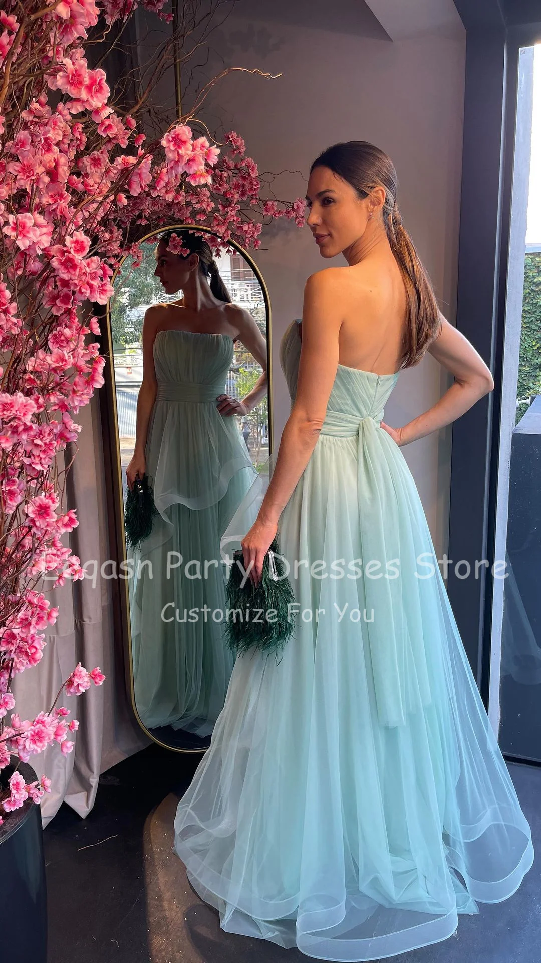 Customized Mint Green Tulle Formal Prom Dresses Strapless Drape Evening Gowns Pleats A Line Women Wedding Party Bridesmaid Gown