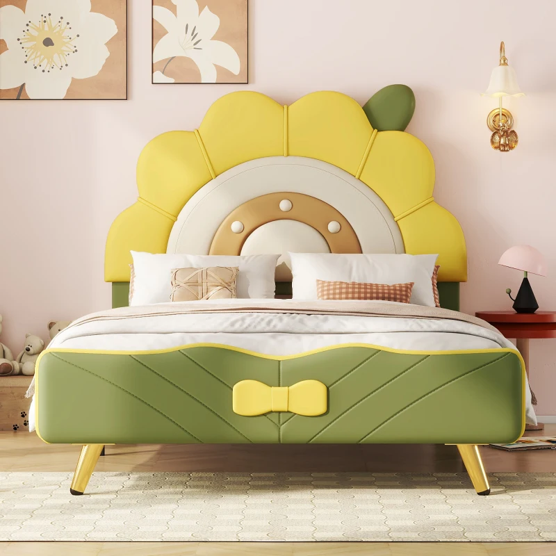 

Twin Size Upholstered Platform Bed with Sunflower Shaped Headboard, Green