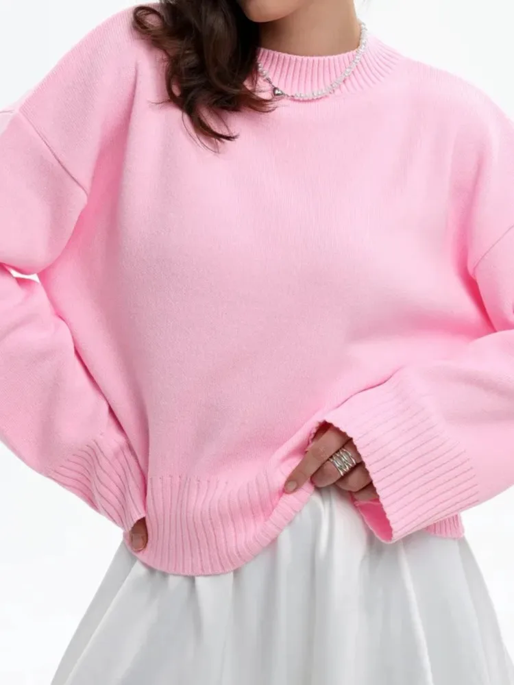 Women's Fashion Knit Sweater Casual Solid O Neck Long Sleeve Pullovers Sweaters Tops For Women Office Womens Clothing Winter New