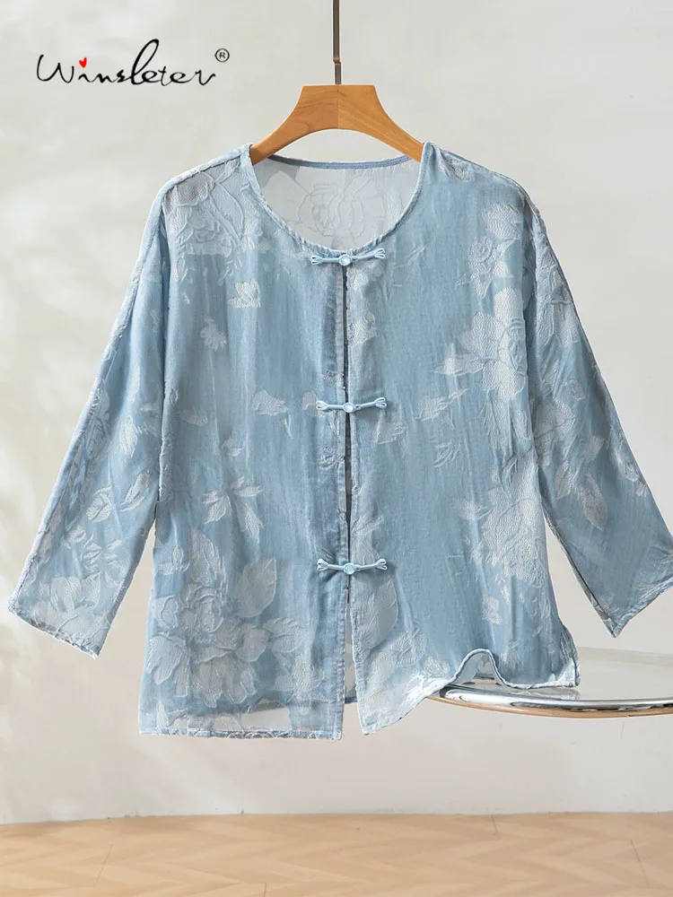 

Winsleter-62,6% Элегантная шелковая бархатная рубашка, цветочный принт с круглым вырезом и длинными рукавами, женская универсальная свободная блузка в стиле ретро, осень 2023 г. T5N240CC