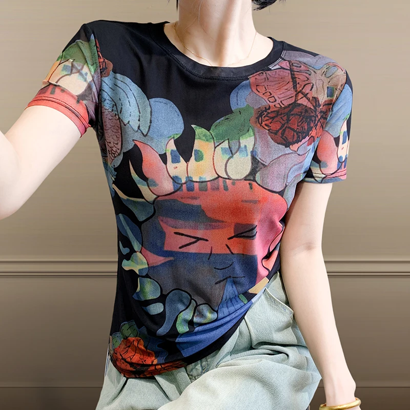 

Black,Summer,Korean,Style,T-Shirt,Chic,Sexy,O-Neck,Print,Geometric,Women,Tops,Short Sleeve,Mesh,Bottoming Shirt,New,Tees,561504