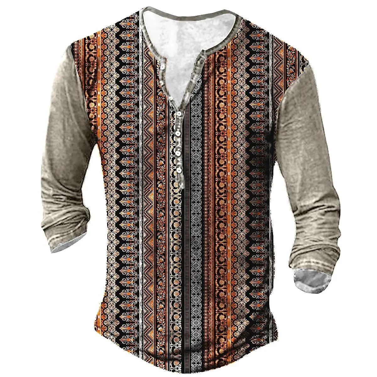 Men long-sleeved Shirt Vintage T-Shirt Ethnic Style Graphic Cotton Top Oversized Clothing Fall V-neck 2022 Casual Men\'s Clothing